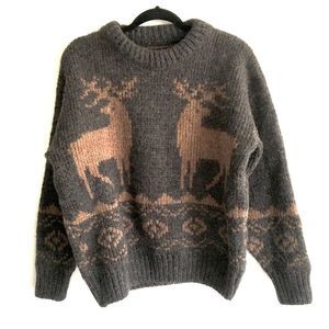 Anthropologie Gray & Tan Reindeer Wool Crewneck Sweater